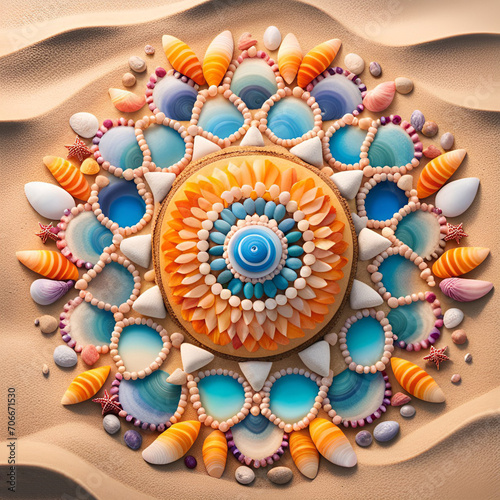 Mandala made of colorful seashells and stones on the beach.