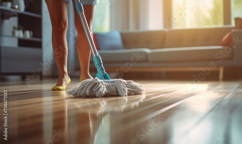 Close up photo of young woman cleaning floor with a wet mop photo