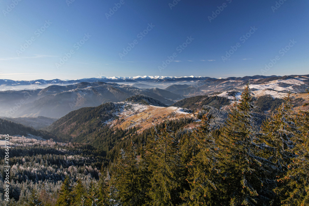 Snow-covered Carpathian mountains, sunny weather on the top of Mount Pysany Kamin. Ukraine