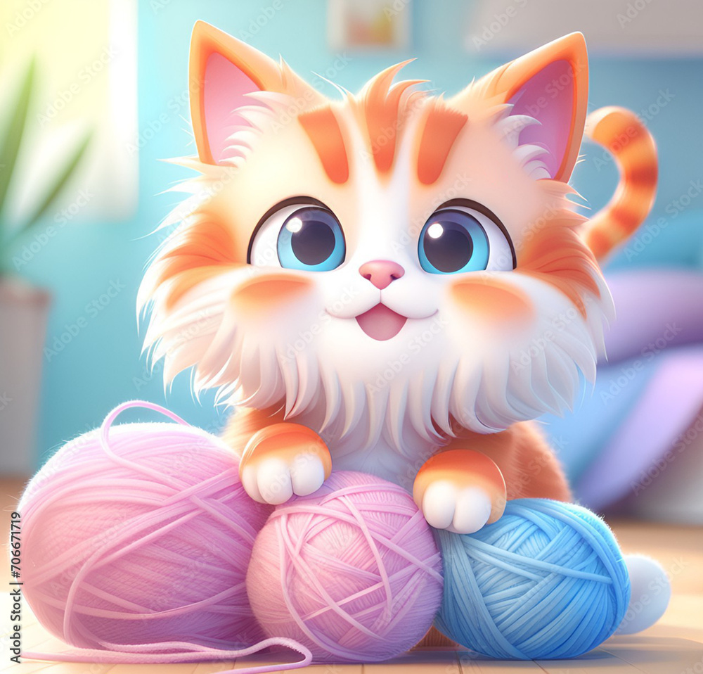Cute little fluffy kitten playing with yarn.  Adorable cat with a ball of yarn.