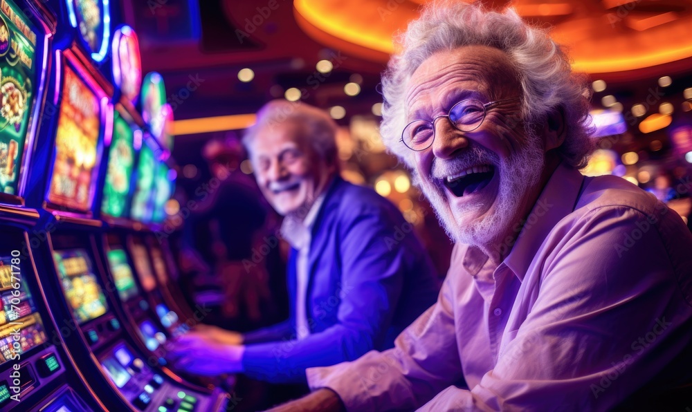 Crazy old man playing on slot machine in casino