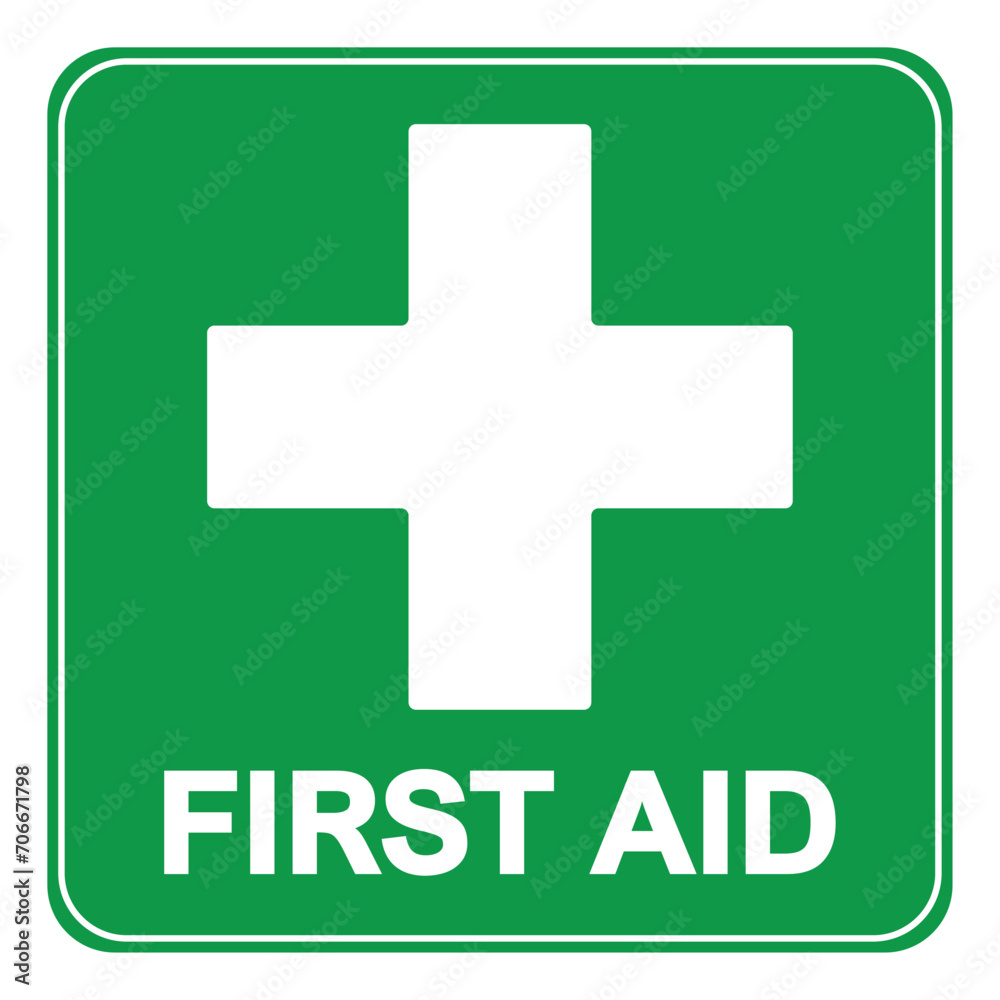 First aid sign, health cross medical symbol, medicine emergency illustration icon, safety design. Green square and white cross symbol with FIRST AID text below, vector illustration islated on white. First aid sign, health cross medical symbol, medicine emergency illustration icon, safety design. Green square and white cross symbol with FIRST AID text below, vector illustration islated on white.