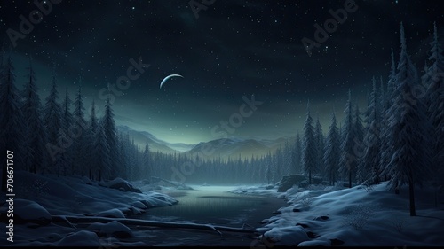 the view of looking up at the night sky in the boreal forest during winter, a composition in a minimalist style, capturing the serene beauty of the natural surroundings and the celestial display.
