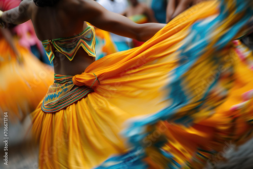 Mulher dançando e curtindo o carnaval, foto com desfoque de movimento.