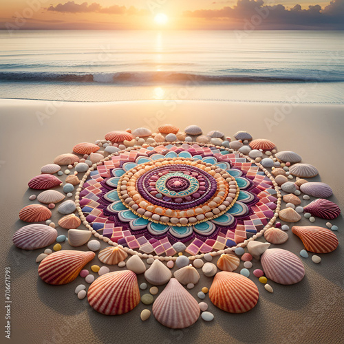 Mandala made of colorful seashells and stones on the beach.