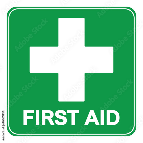 First aid sign, health cross medical symbol, medicine emergency illustration icon, safety design. Green square and white cross symbol with FIRST AID text below, vector illustration islated on white.