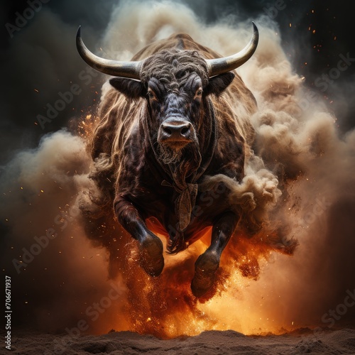 Portrait of a running bull in smoke, blood and fire. Traditional bullfighting in Spain. Dangerous bull hunt. Scary portrait of a bull running in the smoke. Bull's head in paint and smoke. © Nataly G