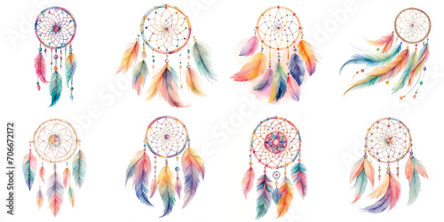 Collection of watercolor beautiful colorful pastel decorative dream catchers.