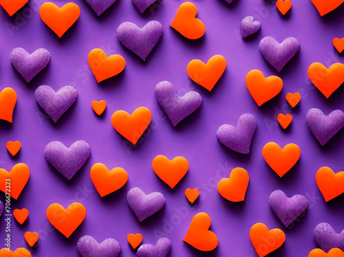 Orange and violet hearts pattern on violet background.
