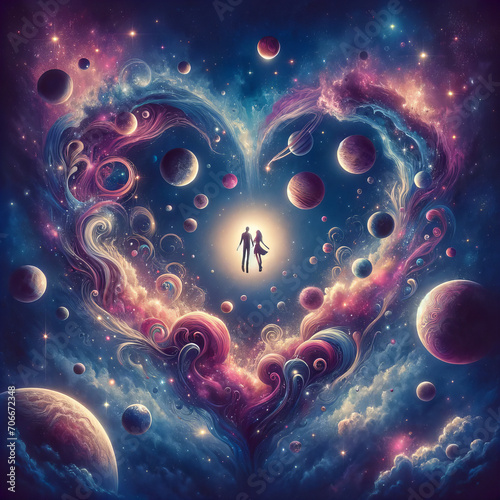 Love transcends space in a vibrant heart nebula setting