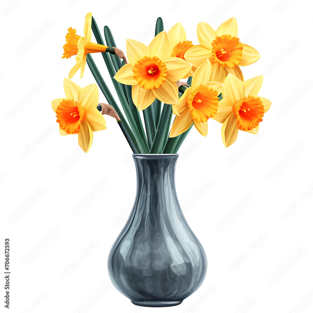 Daffodils in a vase isolated on white background, pop-art, png
