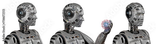 Very detailed futuristic robot man or humanoid cyborg holds a mysterious rotating sphere with blue light ball inside. 3d rendering isolated on transparent background. Set of three poses