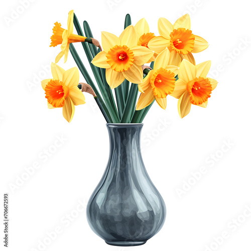 Daffodils in a vase isolated on white background, pop-art, png  © Pixel Prophet