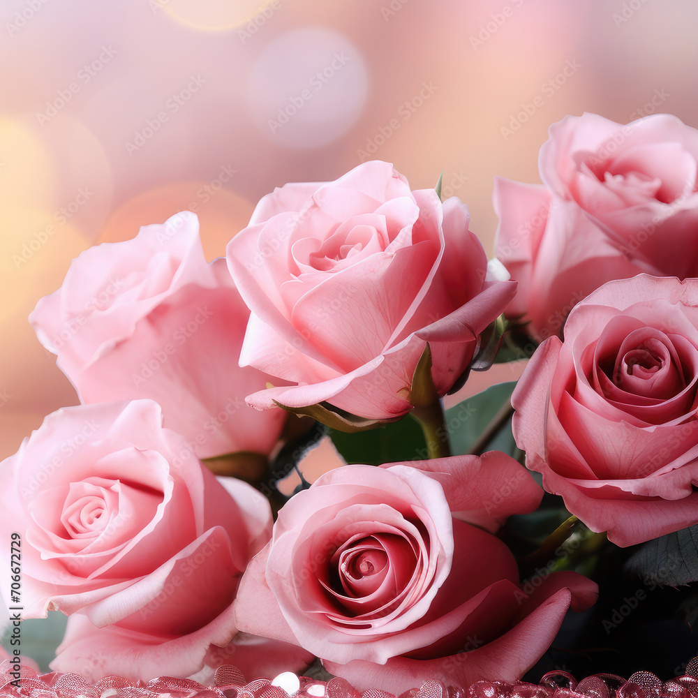 Festive background with pink roses and beautiful soft golden bokeh.Festive banner for birthday, mother's day, March 8, anniversary. Festive background with pink roses and beautiful soft golden bokeh.Festive banner for birthday, mother's day, March 8, anniversary.