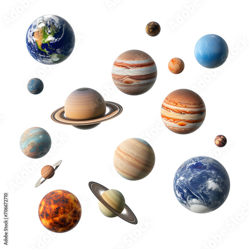 Orbiting planets: miniature planets and galactic orbits isolated on white background, png 