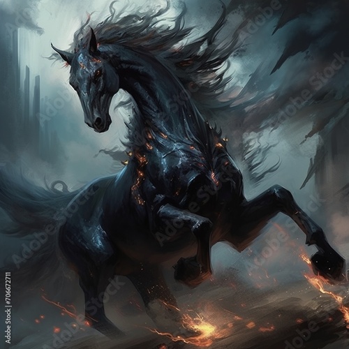 Beautiful wild animal black racing horse running elegant pictures AI Generated art
