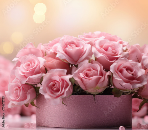 Wallpaper Mural Festive background with pink roses and beautiful soft golden bokeh.Festive banner for birthday, mother's day, March 8, anniversary. Copy space. Mock up. Torontodigital.ca