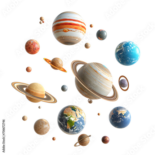 Orbiting planets: miniature planets and galactic orbits isolated on white background, vintage, png 