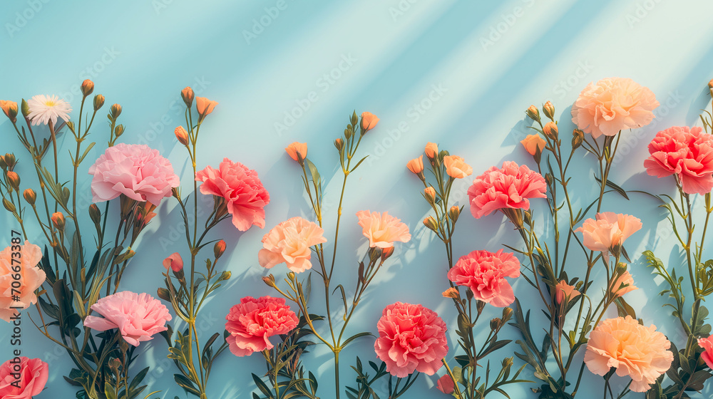 Fresh field flowers vivid colors with sunlight on pastel blue wall with soft shadows. Sunlit elegance of flowers. Vibrant Floral Display.