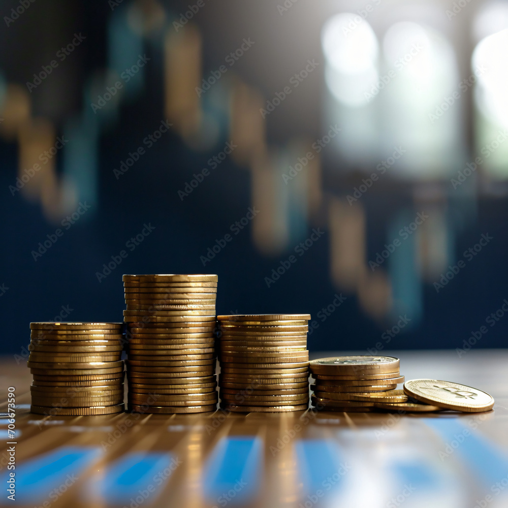 Wealth in Numbers: Coin Stack Before a Financial Chart - Focused on Finances, Money, and the Rise of Bitcoin - A Visual Narration of Economic Growth - Generative AI Wealth in Numbers: Coin Stack Before a Financial Chart - Focused on Finances, Money, and the Rise of Bitcoin - A Visual Narration of Economic Growth - Generative AI