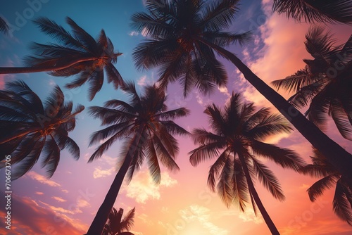 Bottom view of palm trees at sunset