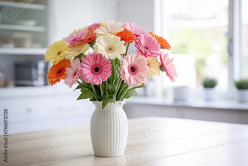 Bouquet of gerbera flower in vase on kitchen table photo