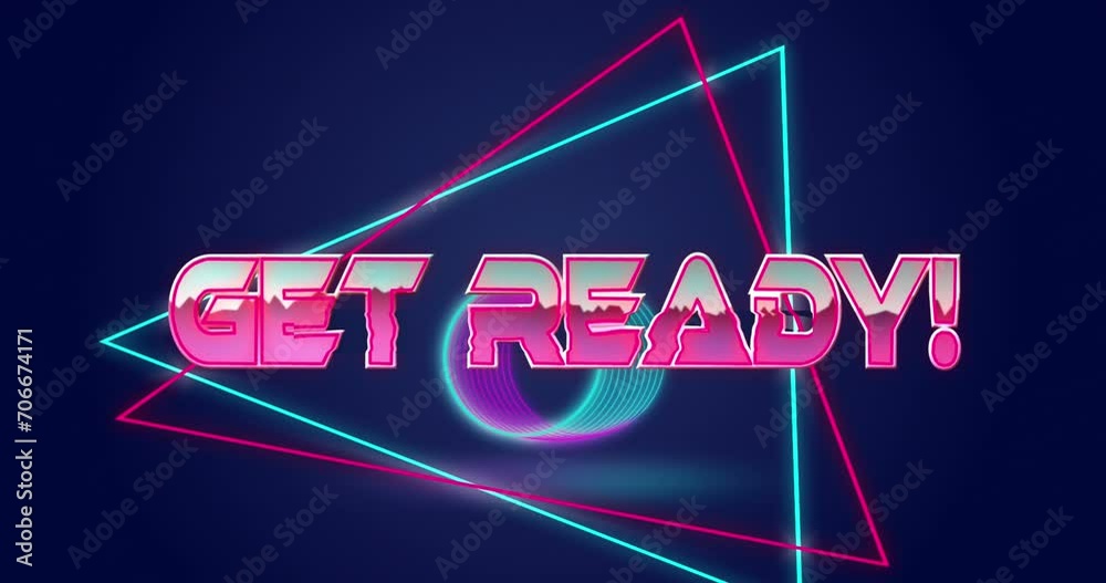 Animation of get ready text in pink shiny letters over pink and blue neon shapes on dark background