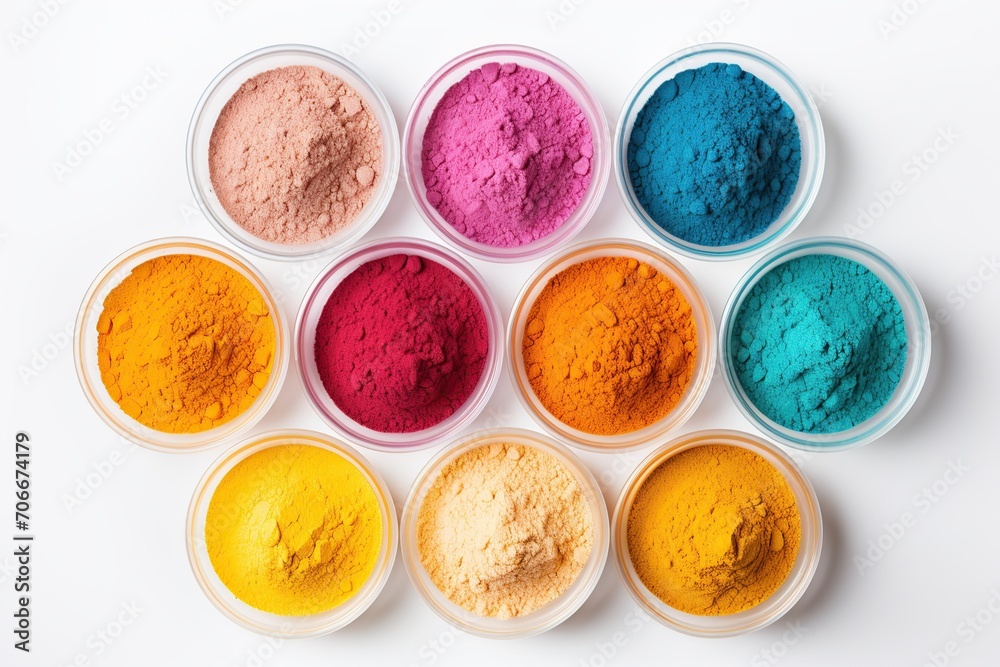 Colorful holi powder in bowls on white background Colorful holi powder in bowls on white background