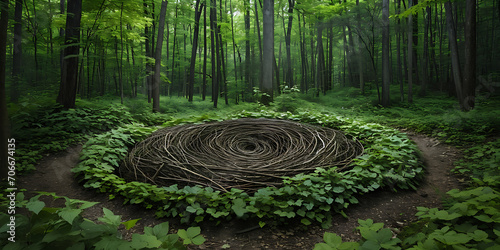 Uma fotografia de uma interven    o na terra ou instala    o de arte na paisagem  onde materiais naturais s  o dispostos  enfatizando a conex  o entre arte e meio ambiente.