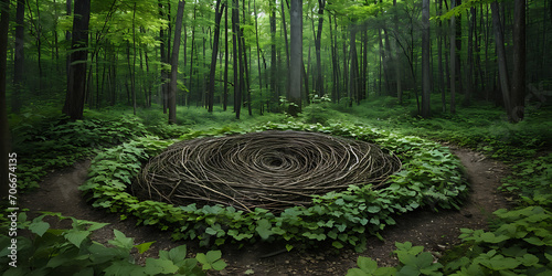 Uma fotografia de uma intervenção na terra ou instalação de arte na paisagem, onde materiais naturais são dispostos, enfatizando a conexão entre arte e meio ambiente. photo