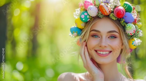Easter Woman. Spring Girl with Fashion Hairstyle. Portrait, hand touching beautiful face on blurred green field backgrounds with copy sapce.
