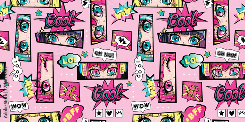 Anime girl big eyes seamless pattern. Vector anime style print for wrapping paper. Wallpaper with comics style speech bubble, lettering, pink Background Kawaii girl