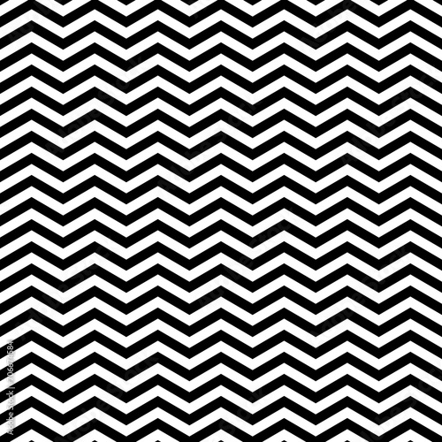 Black zigzag lines. Jagged stripes. Seamless surface pattern design with triangular waves ornament. Repeated chevrons wallpaper. Digital paper for page fills, web designing, textile print. Vector art.