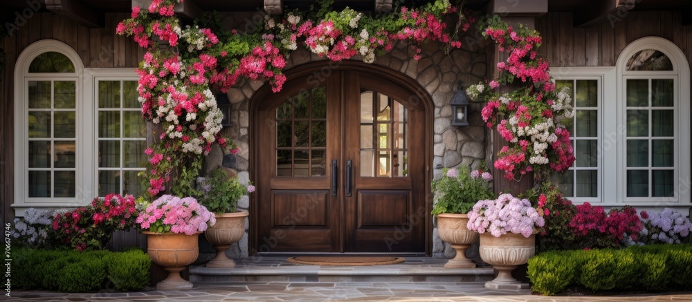 Colorful summer flowers surround an elegant wood grain front door at the portico entrance.