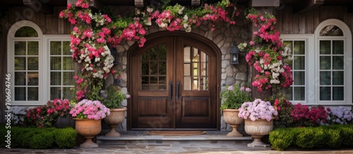 Colorful summer flowers surround an elegant wood grain front door at the portico entrance.
