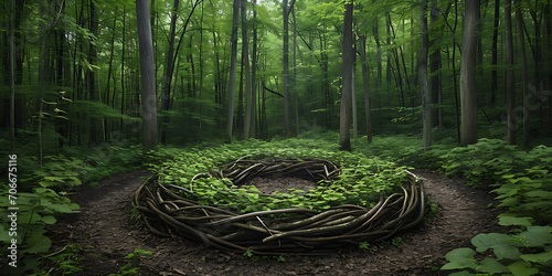 Uma fotografia de uma intervenção na terra ou instalação de arte na paisagem, onde materiais naturais são dispostos, enfatizando a conexão entre arte e meio ambiente. photo