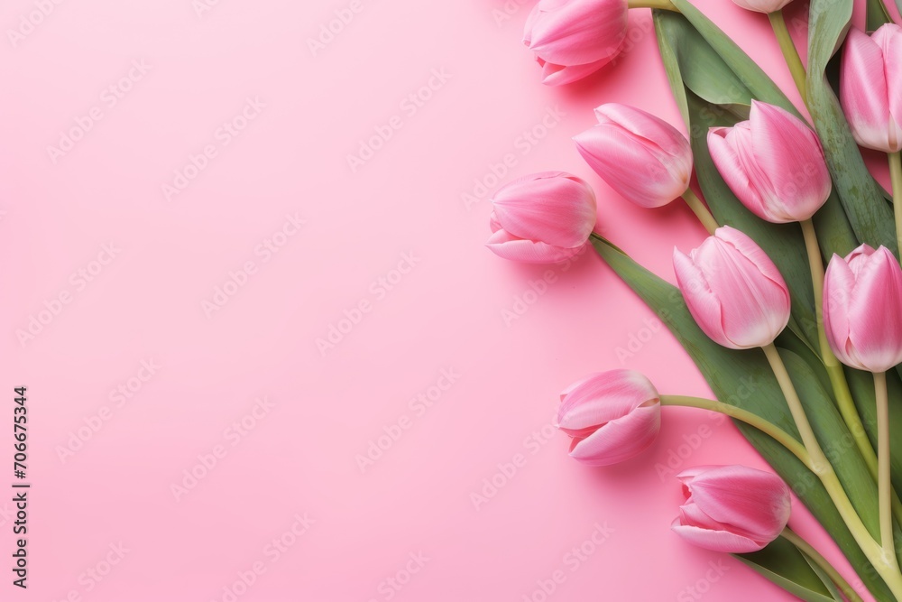 Spring tulip flowers on pink background top view in flat lay style