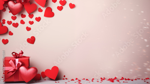 Saint Valentine day holiday background with envelope, paper card and various red hearts for love romantic message. Flat lay composition.