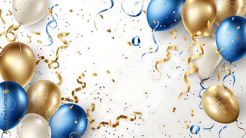 Holiday background with golden and blue metallic balloons, confetti and ribbons. Festive card for birthday party, anniversary, new year, christmas or other events photo