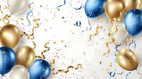 Holiday background with golden and blue metallic balloons, confetti and ribbons. Festive card for birthday party, anniversary, new year, christmas or other events