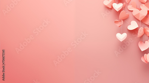 Paper pink hearts fly on soft pink color background, border, copy space. Valentine day concept for design.