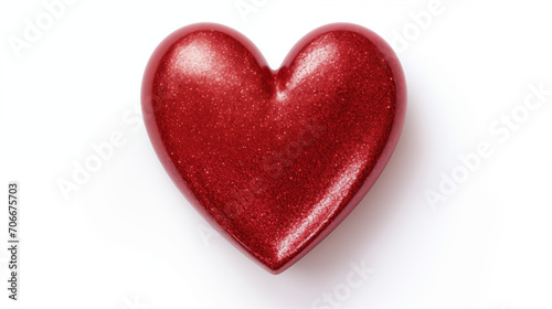 Red metallic shimmering nail polish in heart shape composition texture isolated on white background. Cosmetic makeup product