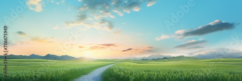 a path through a green field towards sunset © olegganko