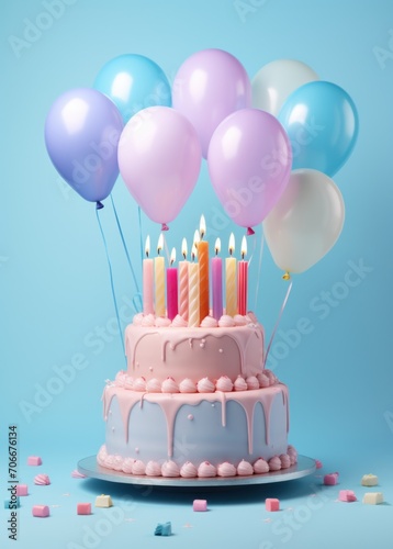 a birthday cake with birthday candles and balloons on a blue background