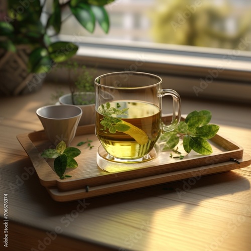 a cup of green tea with a tray full of tea in it