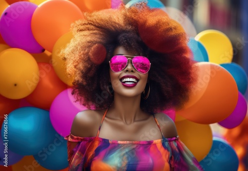 a happy beautiful young woman with big afro has fun with balloons © olegganko