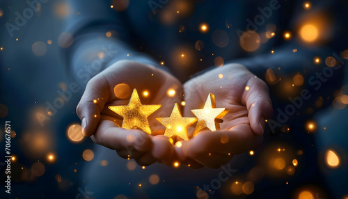 Businessman holding five glowing golden stars for excellent evaluation survey after client use product and service from customer satisfaction concept photo