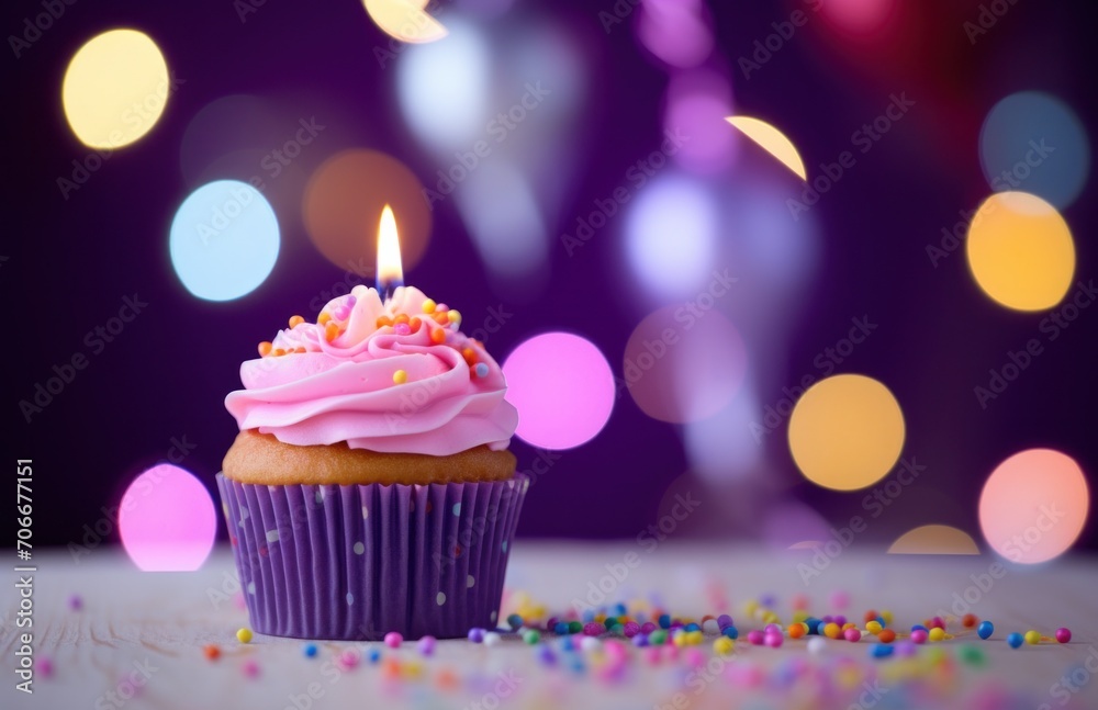 a cupcake with a lone candle sitting by a table with some colorful balloons
