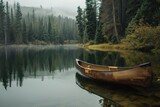 a canoe is floating in a lake near trees