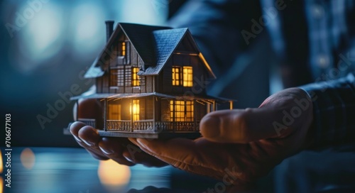 a business man hands over a paper model with a house model